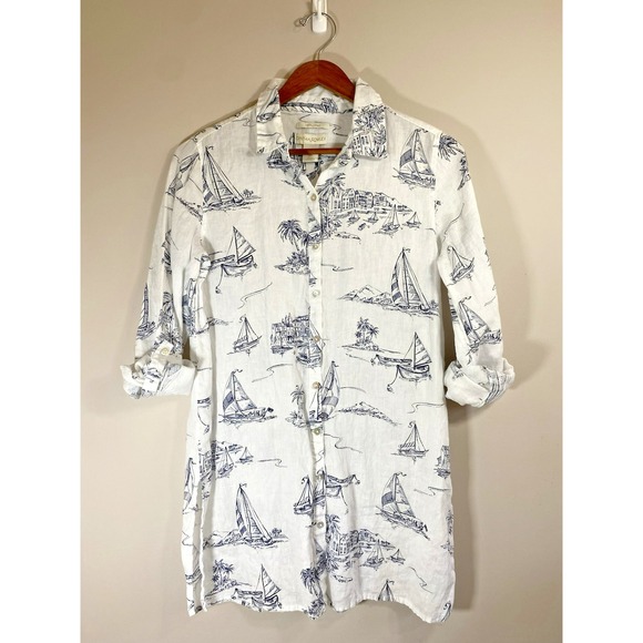 Cynthia Rowley Top Womens SMALL White 100% Linen Sailboat Button Up Cover‎ Up - Picture 1 of 6